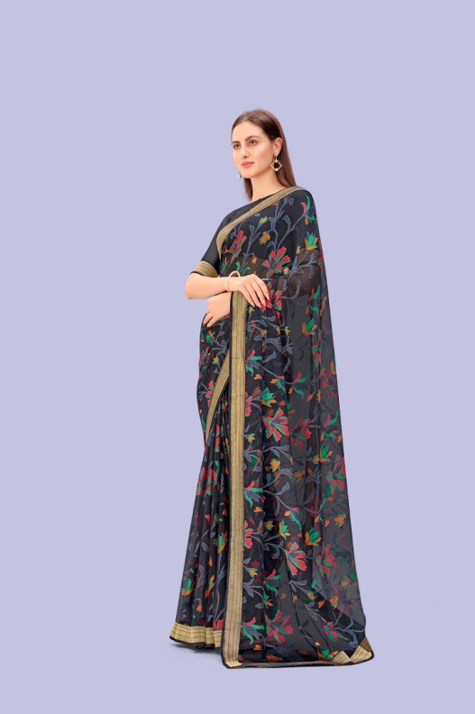 Shop Plain Black Saree With Designer Blouse Subhash Sarees