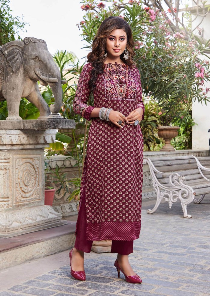 Women's Muslin Maroon Round Neck Straight Printed And Hand Work Kurti With Bottom