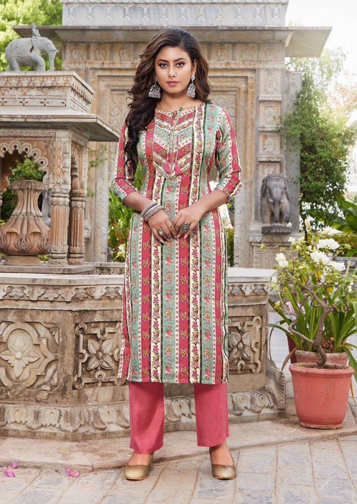 Women's Muslin Gajri Round Neck Straight Printed And Hand Work Kurti With Bottom