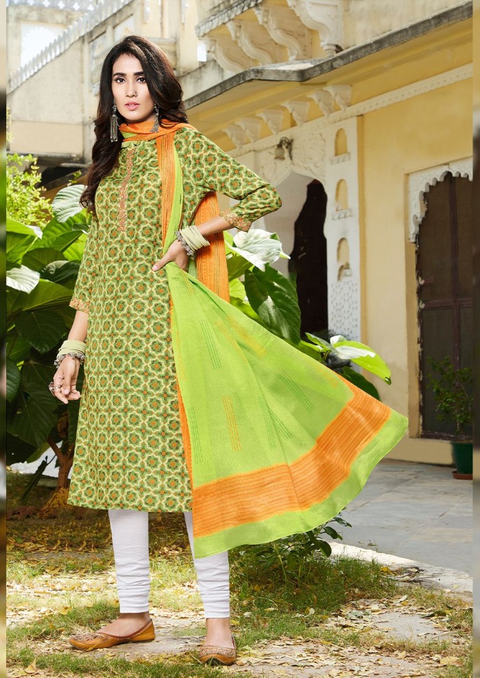 NIRALI 3282 SEA GREEN SILKY COTTON SUIT WITH OFF WHITE+SEA GREEN SILKY COTTON DUPATTA