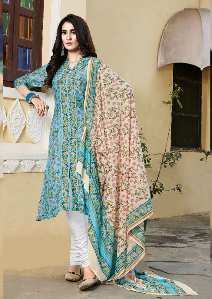 NIRALI 3283 TEAL BLUE SILKY COTTON SUIT WITH TEAL BLUE+GREEN SILKY COTTON DUPATTA