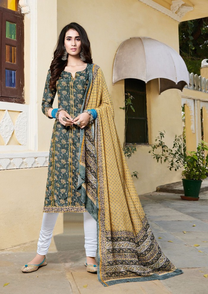 NIRALI 3284 DARK GREEN SILKY COTTON SUIT WITH LIGHT YELLOW SILKY COTTON DUPATTA