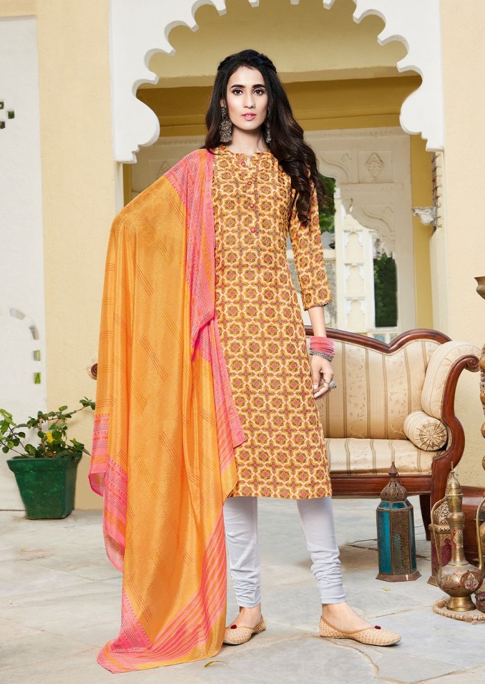 NIRALI 3285 ORANGE SILKY COTTON SUIT WITH ORANGE+PINK SILKY COTTON DUPATTA