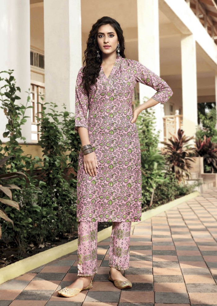 Women's Muslin Misty Rose V-neck And Kalimundi Work Printed Straight Kurti With Printed Bottom