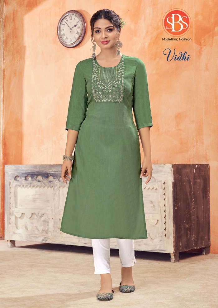 Women's Rayon Slub Pista Front Yog And Embroidery Work Straight Kurti With Anchor Stitch Sleeves