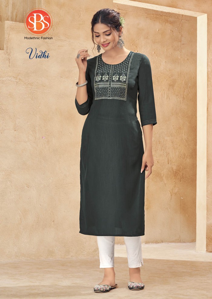 Women's Rayon Slub Dark Grey Front Yog And Embroidery Work Straight Kurti With Anchor Stitch Sleeves