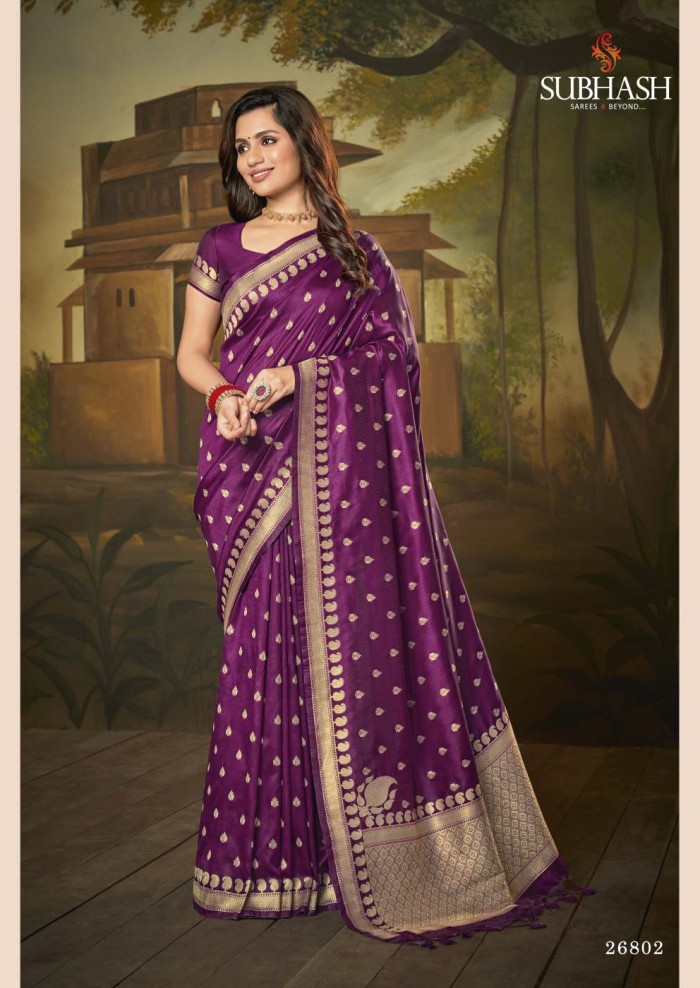 Alluring Purple Color Satin Crepe Saree With Contrast Blouse