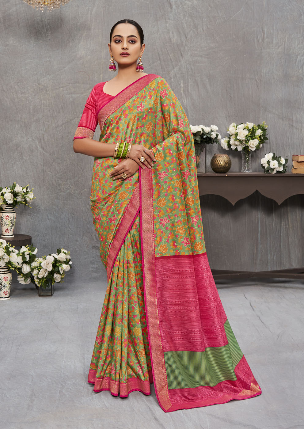 Olive Green Tusser Silk Saree | Ashvi Collection | Subhash Sarees