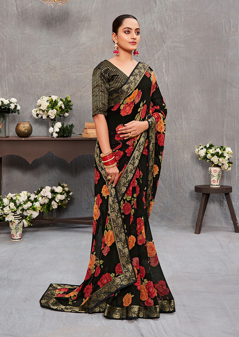 Georgette Floral Print Lace Black Saree | Subhash Sarees