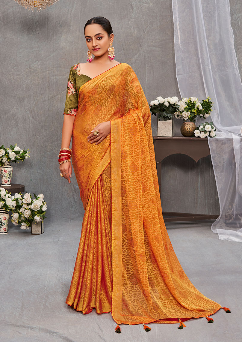 Brasso Allover Floral Print Mustard Saree | Subhash Sarees