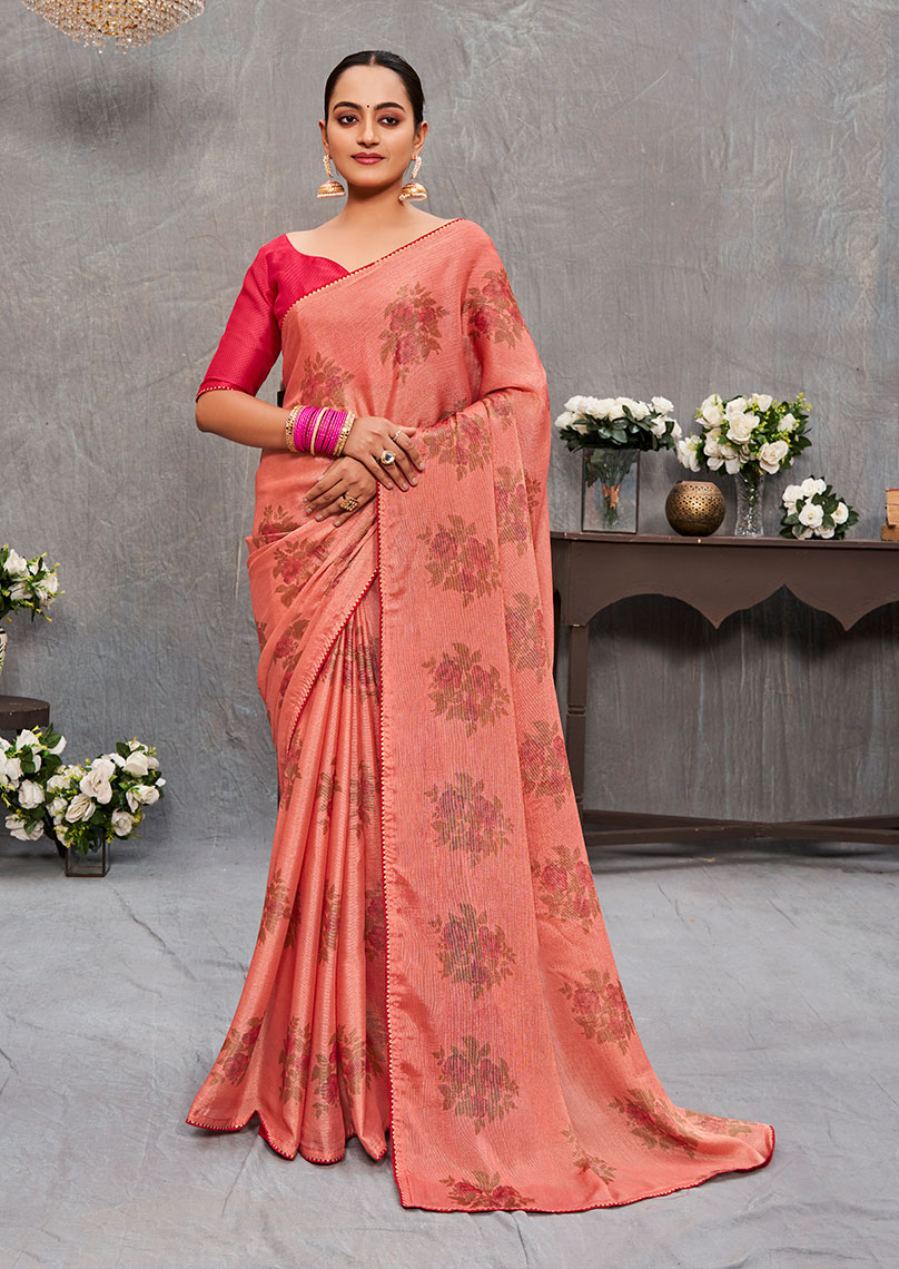 Allover Brasso Floral Print Light Pink Saree | Subhash Sarees