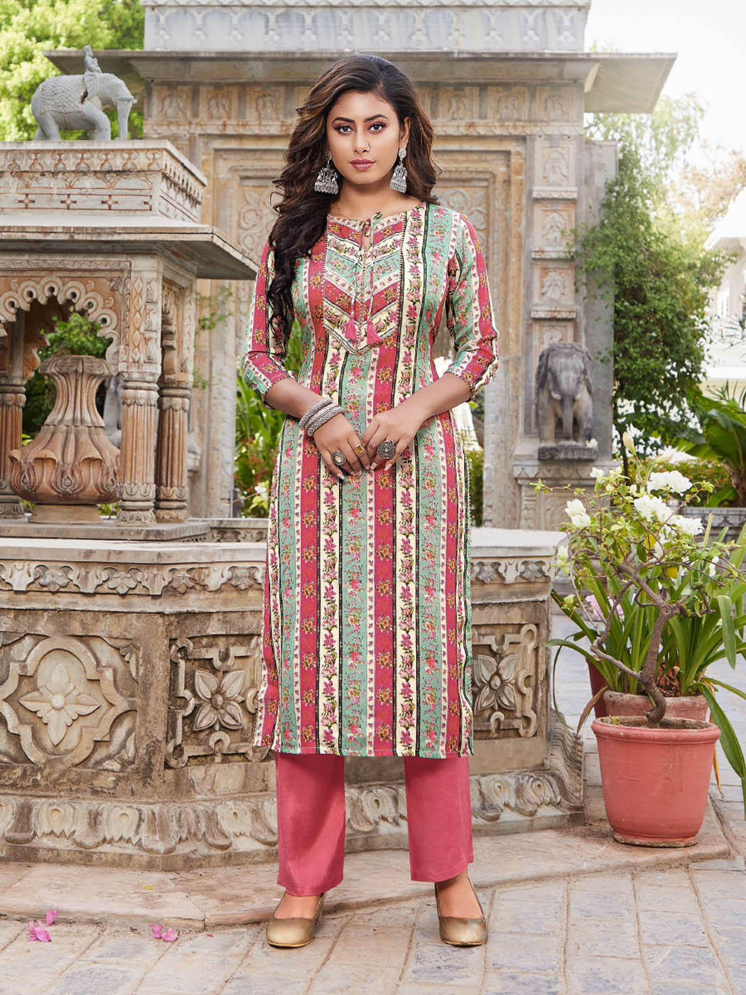 Women's Muslin Gajri Round Neck Straight Printed And Hand Work Kurti With Bottom | Subhash Sarees